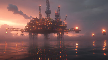 Obraz premium Oil offshore Drilling Platform in the ocean at dawn. Beautiful background for oil industry. Oil rig in the light of lanterns and spotlights. Split view over and under water surface. Classic spar.