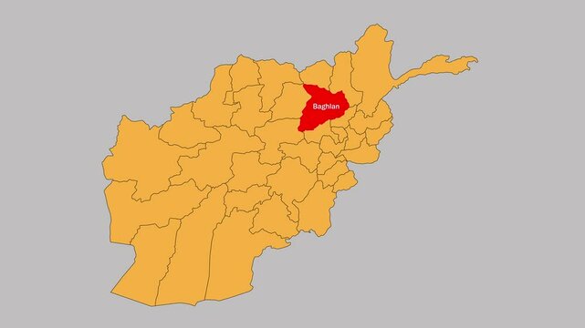Baghlan map animated video. The location is highlighted on the Afghanistan map. Colour map with Gray background in video format.