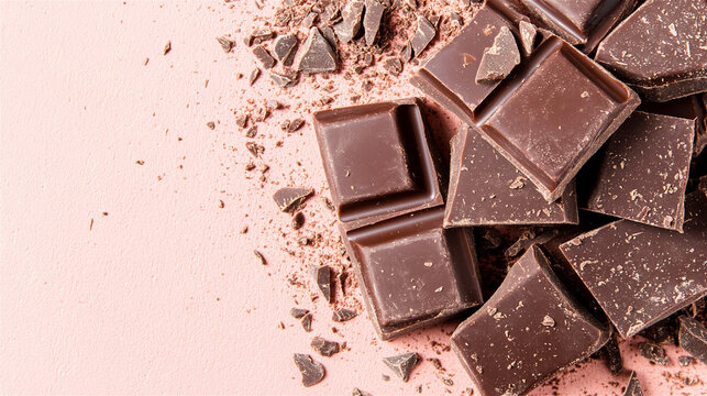 Pieces of dark chocolate bars are creating a tempting arrangement on a vibrant pink backdrop, accompanied by scattered chocolate shavings, creating a visually appealing and indulgent scene