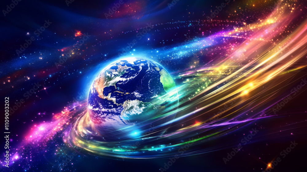Poster global satellite internet technology background. earth in space enmeshed network line of data flow. 
