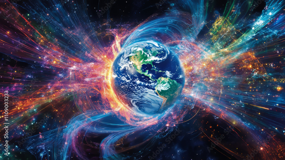 Poster global satellite internet technology background. earth in space enmeshed network line of data flow. 