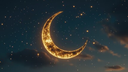 Fototapeta premium Enchanting Gold Crescent Moon Illuminating the Night Sky with Twinkling Stars and Soft Clouds, Evoking a Dreamy and Magical Atmosphere for Various Creative Projects