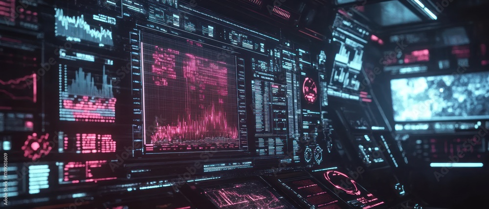 Poster futuristic control panel with data visualizations