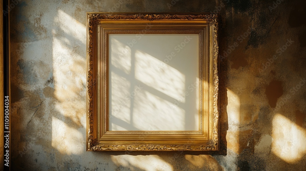 Poster elegant empty frame on vintage wall with soft light creating shadows in a cozy room atmosphere, perf
