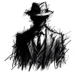 Mysterious man silhouette wearing hat and suit, mystery figure vintage feel dark attire. classic male detective style transparent.    