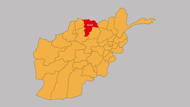 Balkh map animated video. The location is highlighted on the Afghanistan map. Colour map with Gray background in video format.