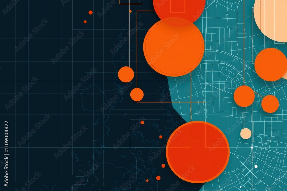 Poster abstract design featuring vibrant circles in red and orange against a dark background, complemented 
