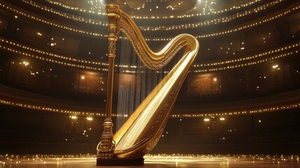 Obraz premium Elegant Golden Harp on Stage in a Luxurious Theater with Dramatic Lighting and Sparkling Bokeh Creating a Magical Atmosphere for Musical Performances