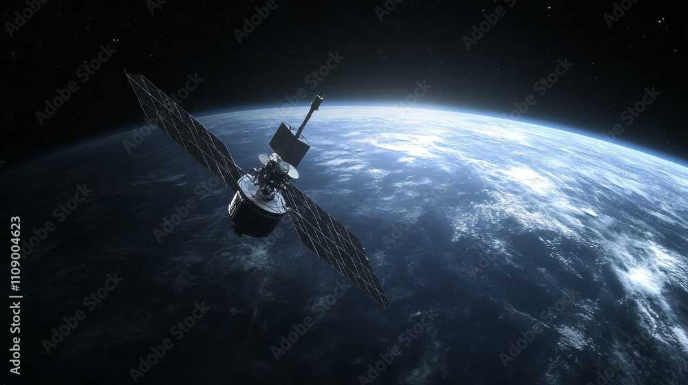 Poster a large satellite dish transmits and receives a signal from space. equipment for satellite tv and ra