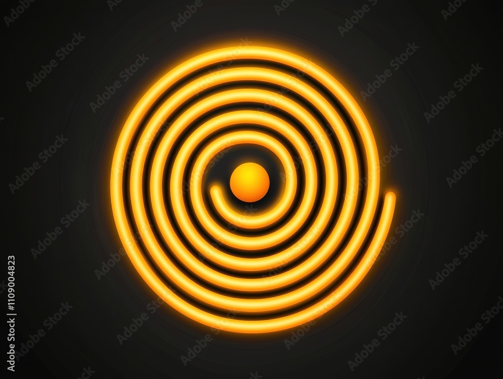 Poster a vibrant, circular pattern of yellow spirals with a central dot, set against a dark background, cre
