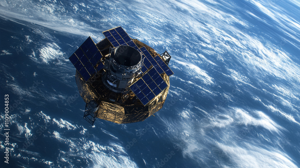 Poster satellite communications abstract banner. satellite in space transmit wireless signal of global inte