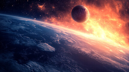 Fototapeta premium Satellite communications abstract banner. Satellite in space transmit wireless signal of global internet. Artificial earth satellite with solar panels on orbit broadcast transmission of internet data.