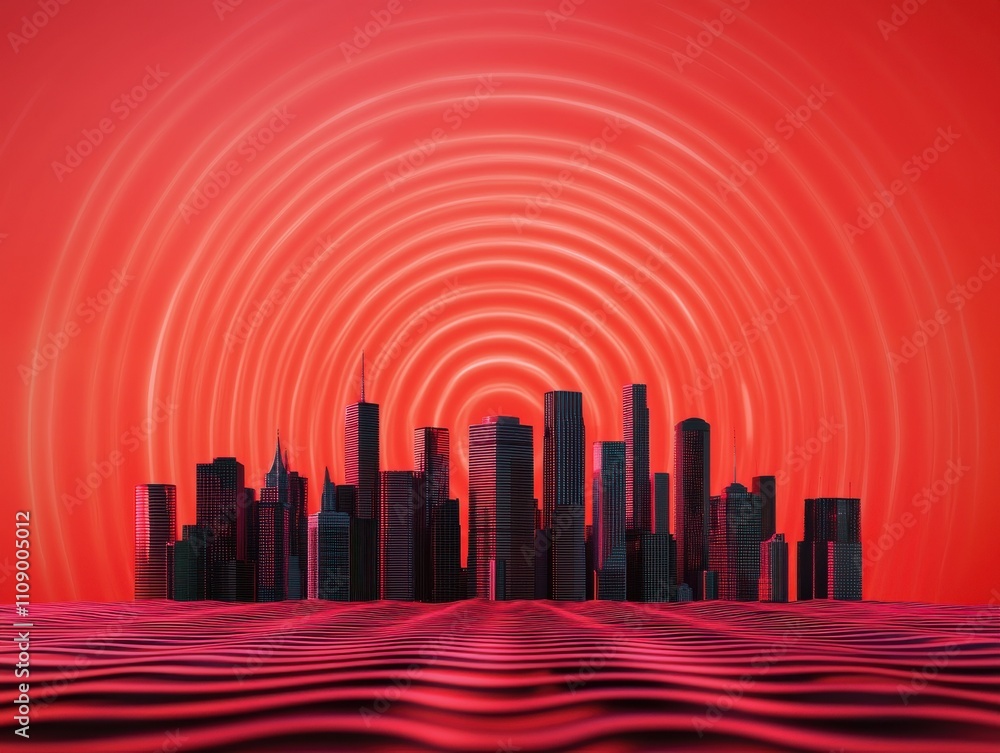 Poster a stylized city skyline silhouetted against a vibrant red background, with concentric waves and patt