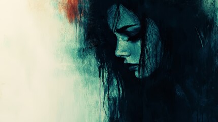 Fototapeta premium a woman with long black hair and blue eyes, set against a white background She appears to be in a state of distress, with her eyes closed and her mouth slightly op