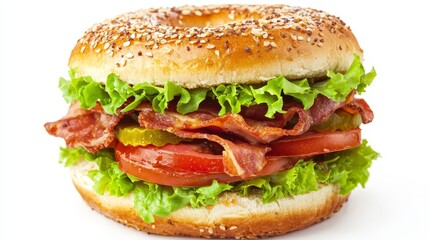  a bagel sandwich with bacon, lettuce, tomato and pickles on a white background The bacon is crispy and golden brown, the lettuce is a vibrant green, the tomato is