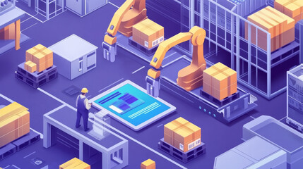 Obraz premium Automation of warehouse on smart factory, the robotic arm loading boxes on pallets. The application on the tablet manages the logistics of the plant. businessman holding a tablet