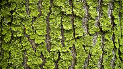 Obraz premium a close up of a tree trunk with green moss growing on it The moss is a vibrant green color, and the bark of the tree is rough and textured