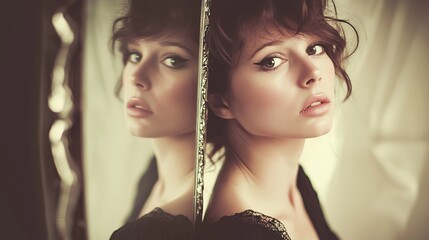 Obraz premium a woman in a black dress standing in front of a mirror, looking at herself in the reflection The background is blurred, giving the image a dreamy, ethereal feel