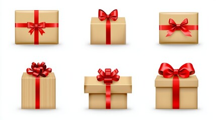 Fototapeta premium a set of six gift boxes with red ribbons and bows on a white background The boxes are animated, giving the image a lively feel