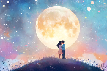 Obraz premium A romantic scene under a large moon, depicting two figures embracing amidst a colorful sky.