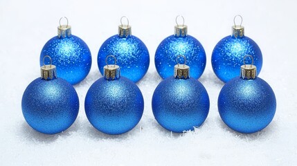 Obraz premium a bunch of blue Christmas ornaments sitting on top of a snow covered ground, creating a festive and cheerful atmosphere The blue baubles are a deep, vibrant blue c