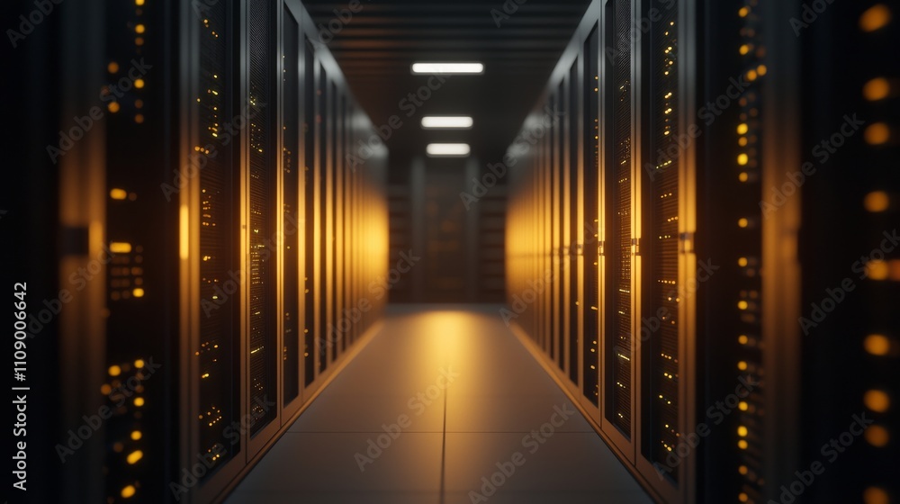 Aufkleber a dimly lit server room corridor showcases rows of servers illuminated by warm lights, emphasizing a