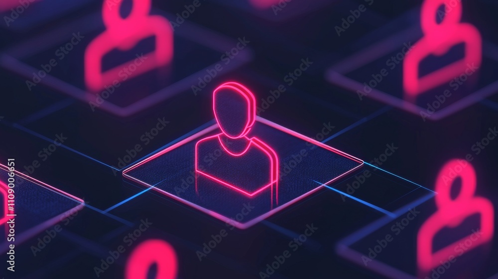 Poster a digital illustration of user icons in a network, highlighting one central figure with a glowing ou