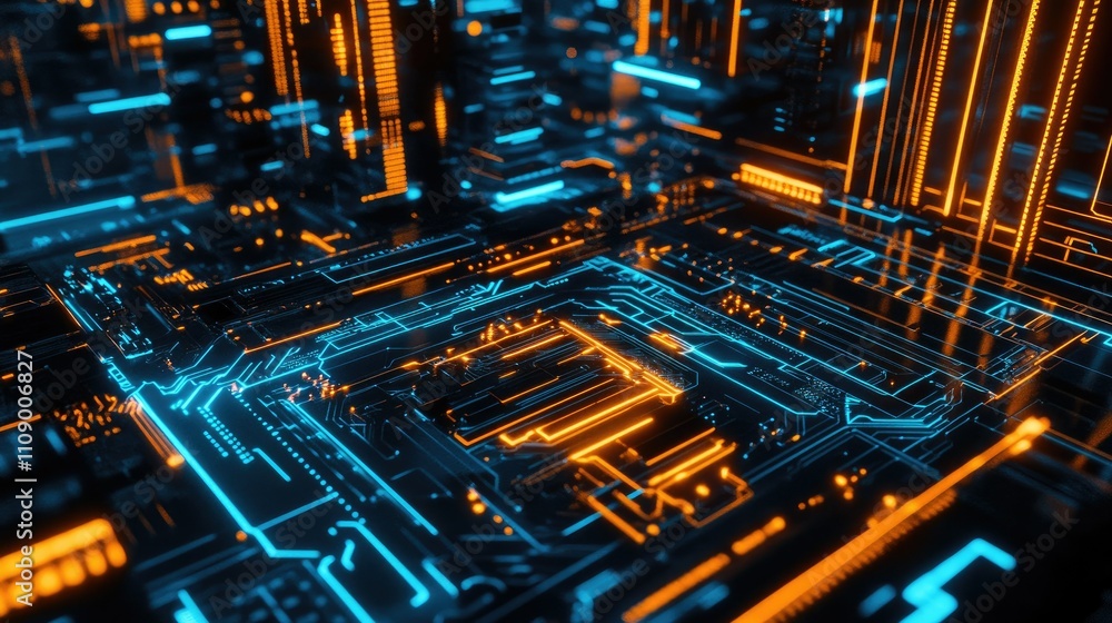 Poster futuristic circuit board with a focus on the processor and glowing connections, symbolizing digital 