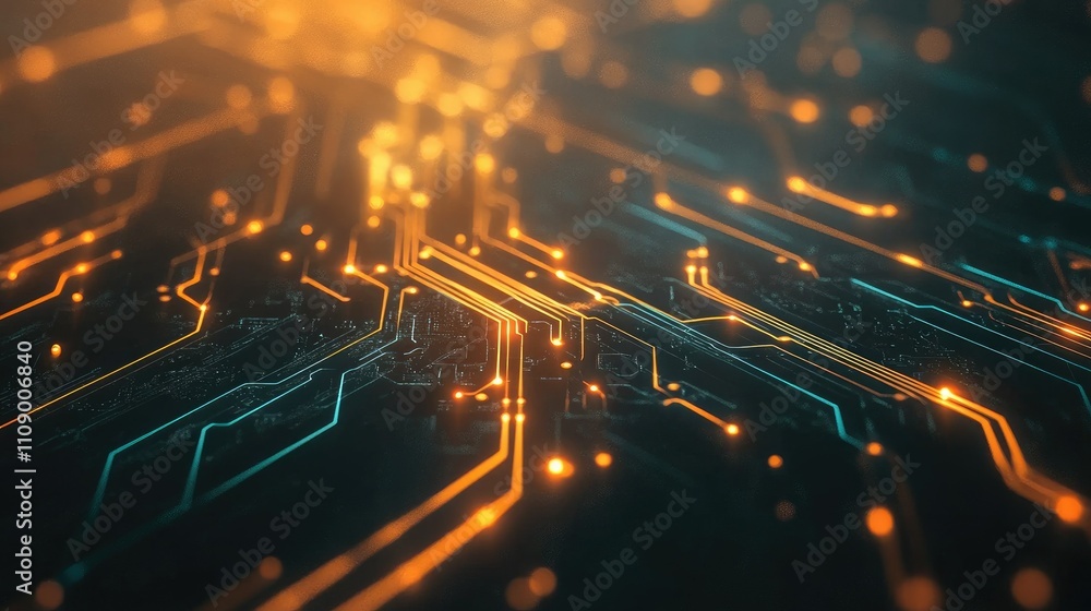 Poster futuristic circuit board with a focus on the processor and glowing connections, symbolizing digital 