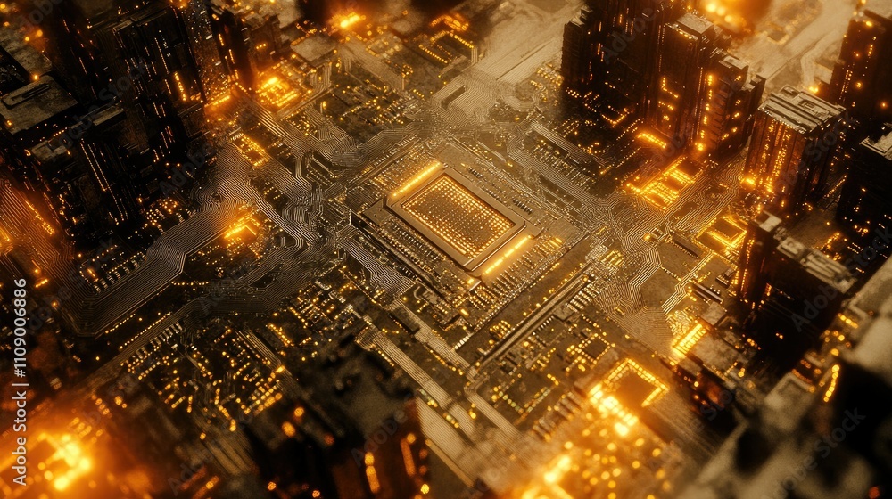 Poster futuristic circuit board with a focus on the processor and glowing connections, symbolizing digital 