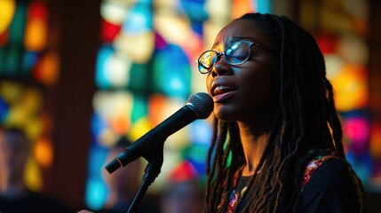Gospel singer leading a choir in a church, passionately singing into a microphone, surrounded by uplifting stained-glass windows.