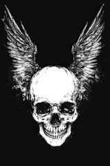 Fototapeta premium Skull with wings tattoo in white ink gothic style on a deep black background