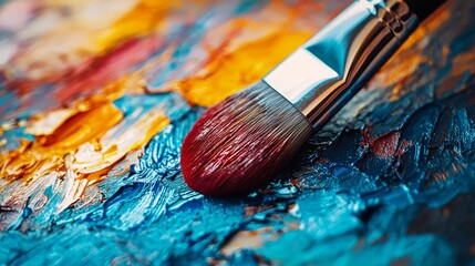 Fototapeta premium a close up of a paintbrush on a colorful palette, with the background blurred to emphasize the focus on the brush and the vibrant colors of the paint