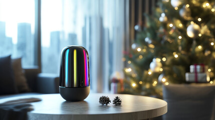 Christmas card in the style of new technologies, engineering, electronics. Christmas tree in red Santa Claus hat and surrounded by Christmas and new year symbols. Christmas sales and marketing