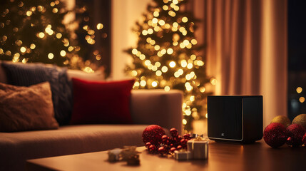 Christmas card in the style of new technologies, engineering, electronics. Christmas tree in red Santa Claus hat and surrounded by Christmas and new year symbols. Christmas sales and marketing