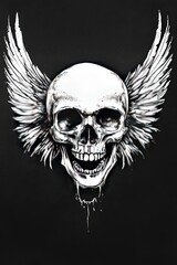 Fototapeta premium Skull with wings tattoo in white ink gothic style on a deep black background
