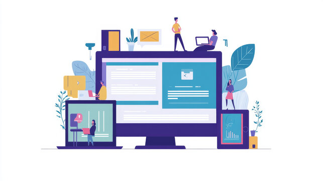 Web design flat concept. Templates internet page of website on screen laptop tablet phone. Responsive web interface application development. Illustration of adaptation layout site on portable devices.