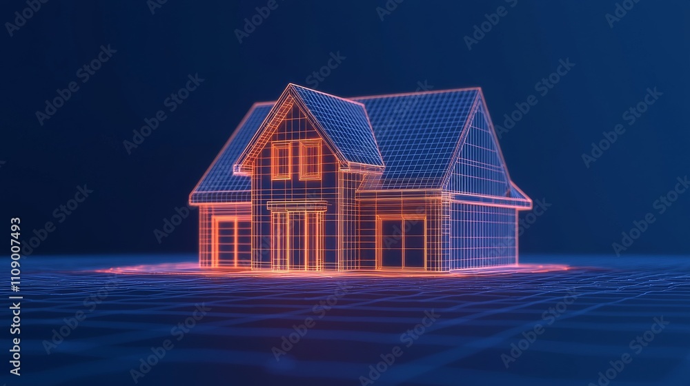 Poster a digital wireframe representation of a house illuminated in vibrant colors against a dark backgroun