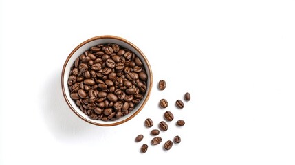 Obraz premium a bowl filled with coffee beans on a white background The beans are a deep brown color, and the bowl is a light brown color The contrast between the two colors cr