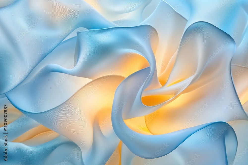 Poster an abstract image of flowing ribbon like shapes in soft translucent blue and yellow hues