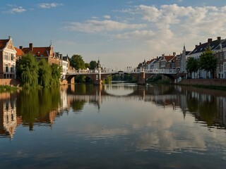 Fototapeta premium The IJssel bridge and white row of houses in Zutphen.
