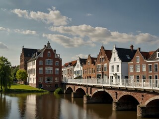 Fototapeta premium The IJssel bridge and white row of houses in Zutphen.
