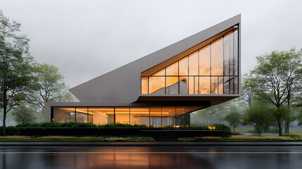 Fototapeta premium Unique modern home with geometric shapes, natural lighting, and landscaped gardens, 3D rendering