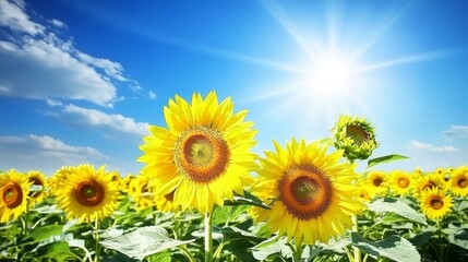 Obraz premium a field of sunflowers with the sun shining brightly in the background, surrounded by lush green plants and a bright blue sky with white fluffy clouds