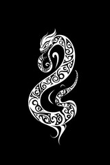 Snake tattoo in white ink coiled in an artistic pattern on a pure black background