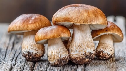  a group of Boletus edulis mushrooms sitting on top of a wooden table, with a blurred background
