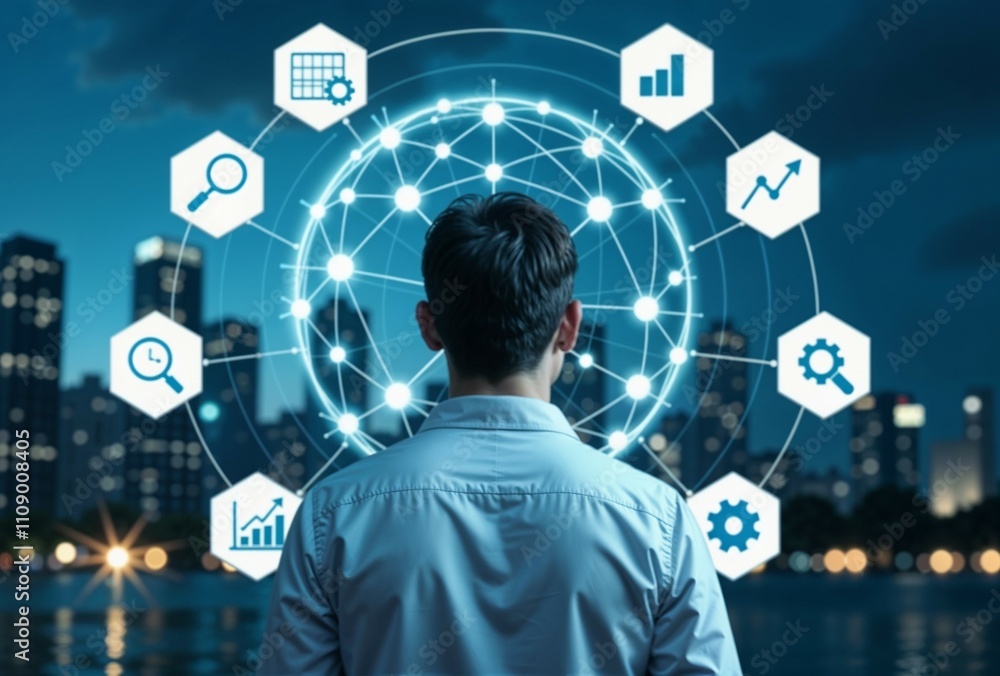 Poster a man is intently gazing at a computer screen that displays various icons on it