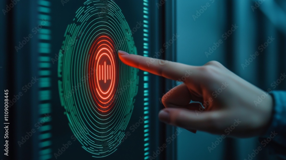 Poster a hand touches a glowing red circular interface, surrounded by a digital pattern, suggesting interac