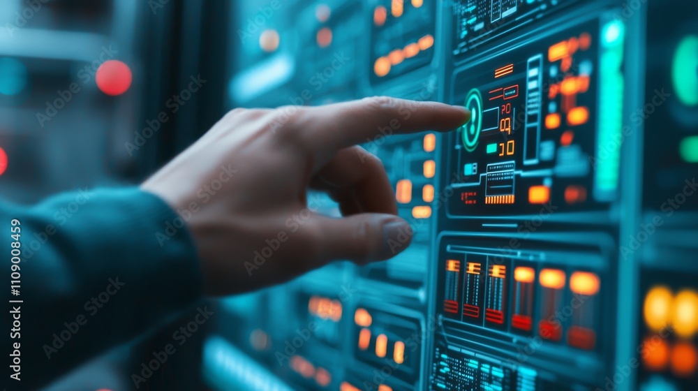 Poster a hand interacts with a high-tech control panel featuring glowing screens, buttons, and graphs, emph