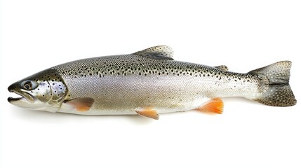 Obraz premium a rainbow trout on a white background Its scales are a mix of silver, black, and orange, and its fins are a bright orange Its eyes are a deep black and its mouth